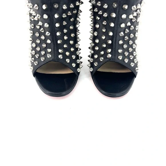 NEW Christian Louboutin Guerilla 100 Silver Spike Leather Peep Toe Booty 37.5 - Picture 7 of 10